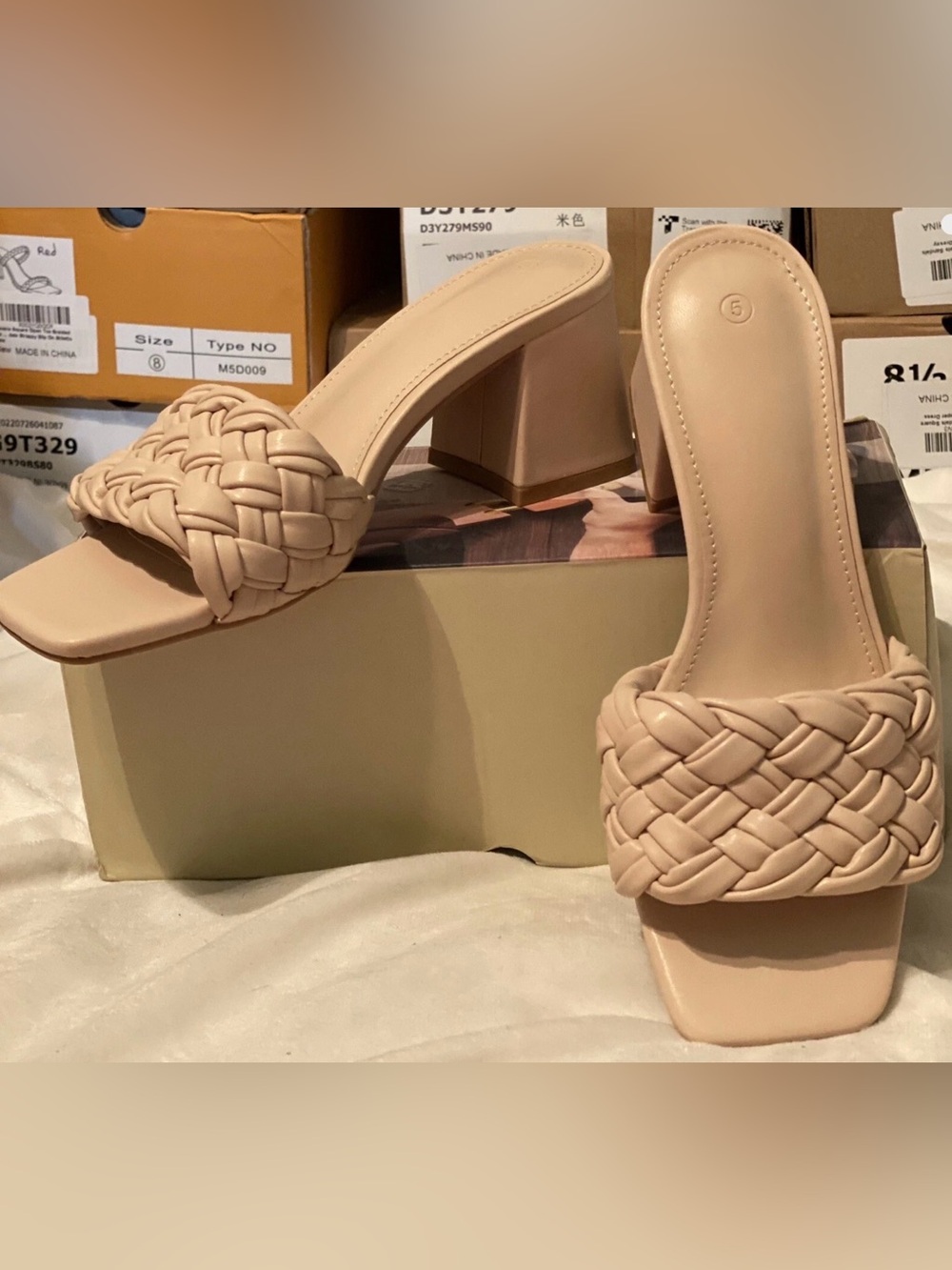 Braided Square-Toe Block Heel Slide - Nude/ Beige Size 5 NIB